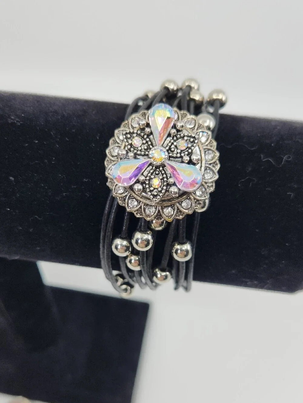 Four (4) Snap Black Cord and Bead Crystal Statement Bracelet - Four Designs